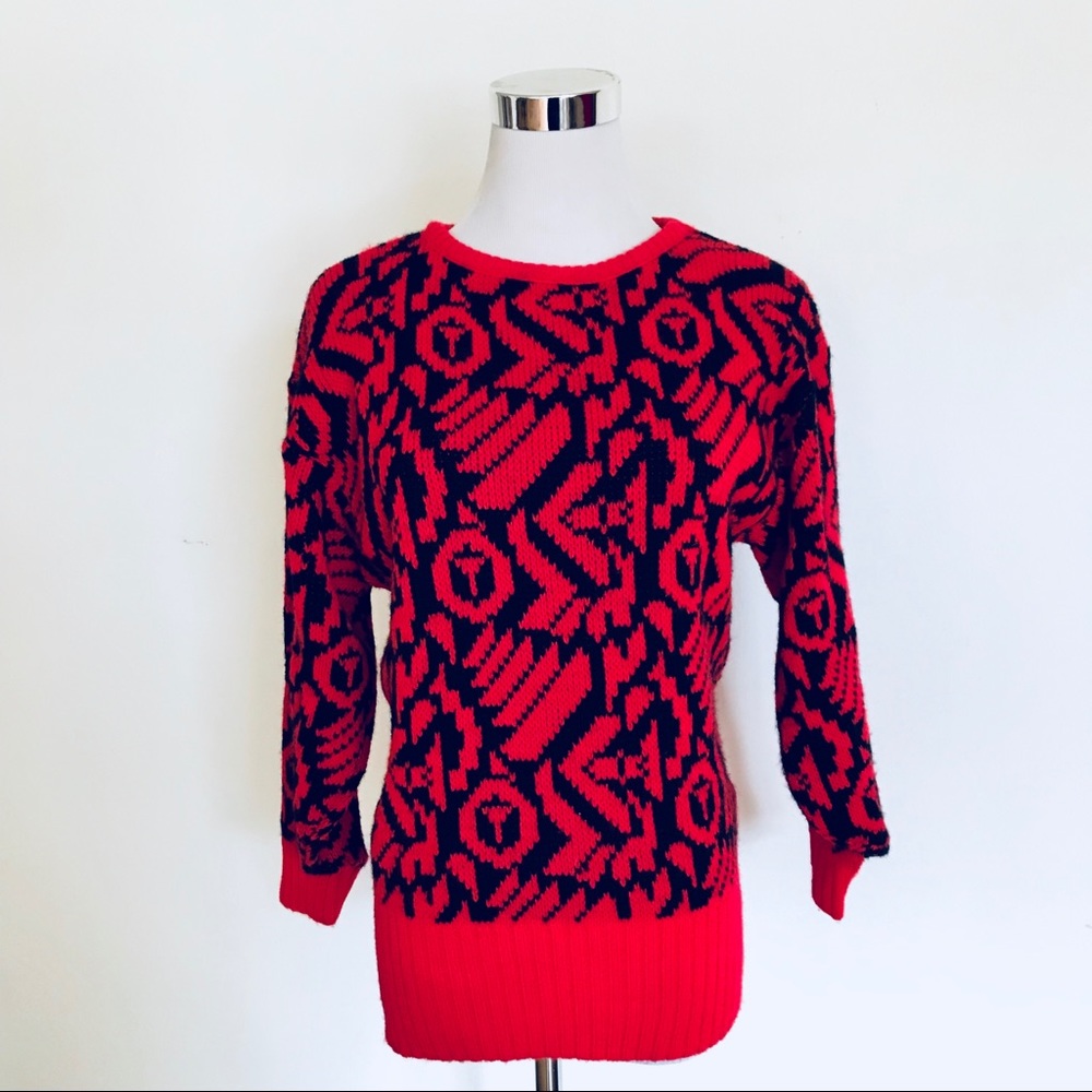 Women’s 80’s Red Geometric Sweater Sz S #286